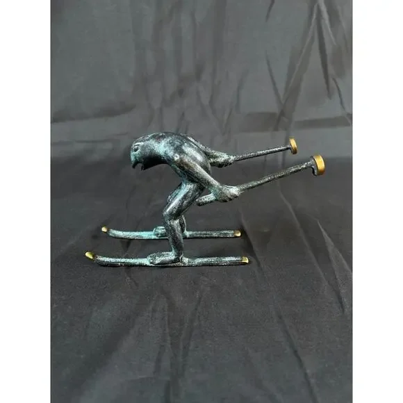 VTG Whimsical Solid Brass Frog Sculpture Figurine, Ski figurine, Ski lodge decor